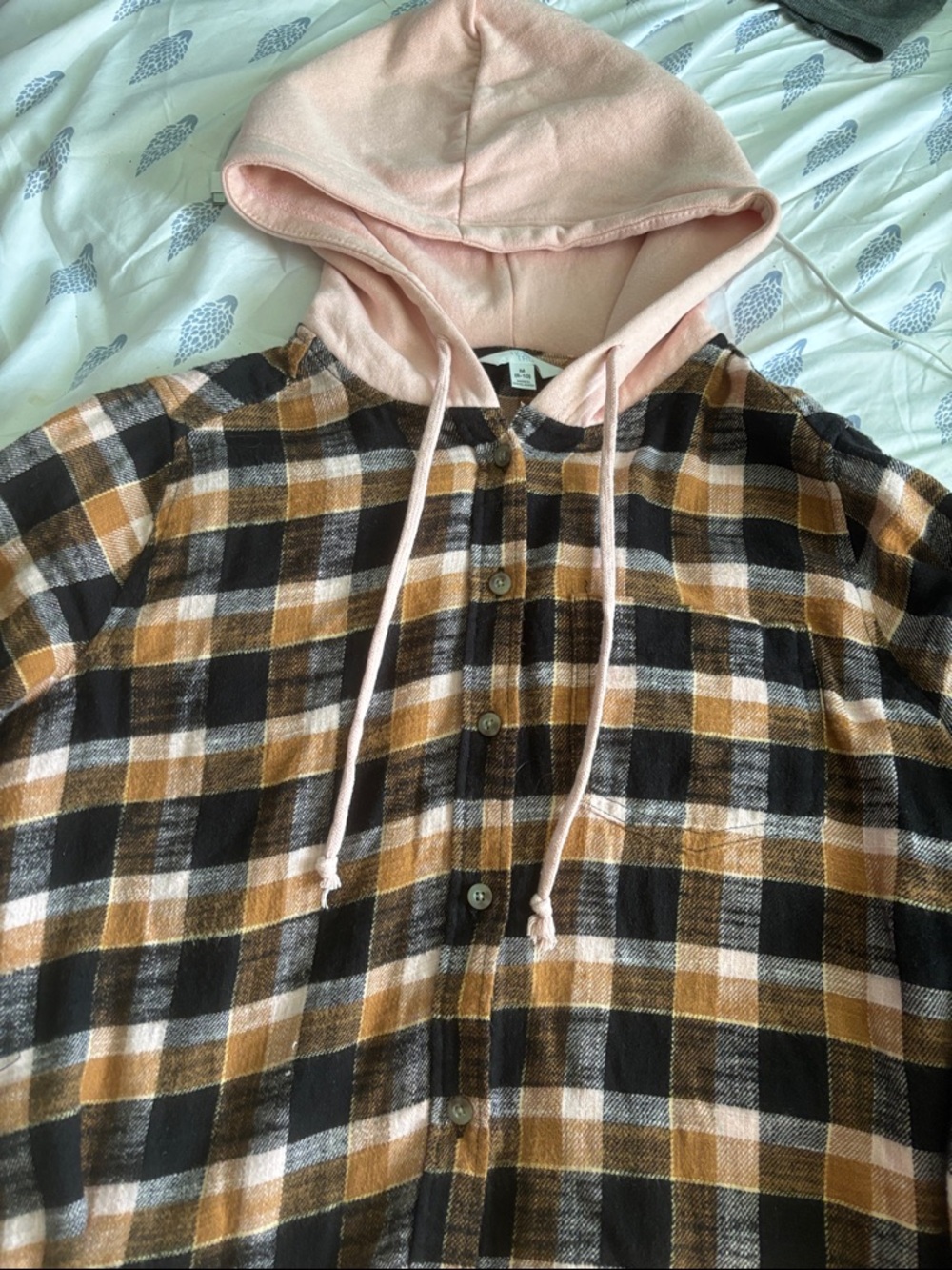 Plaid Button-Down Shirt with Pink Hood